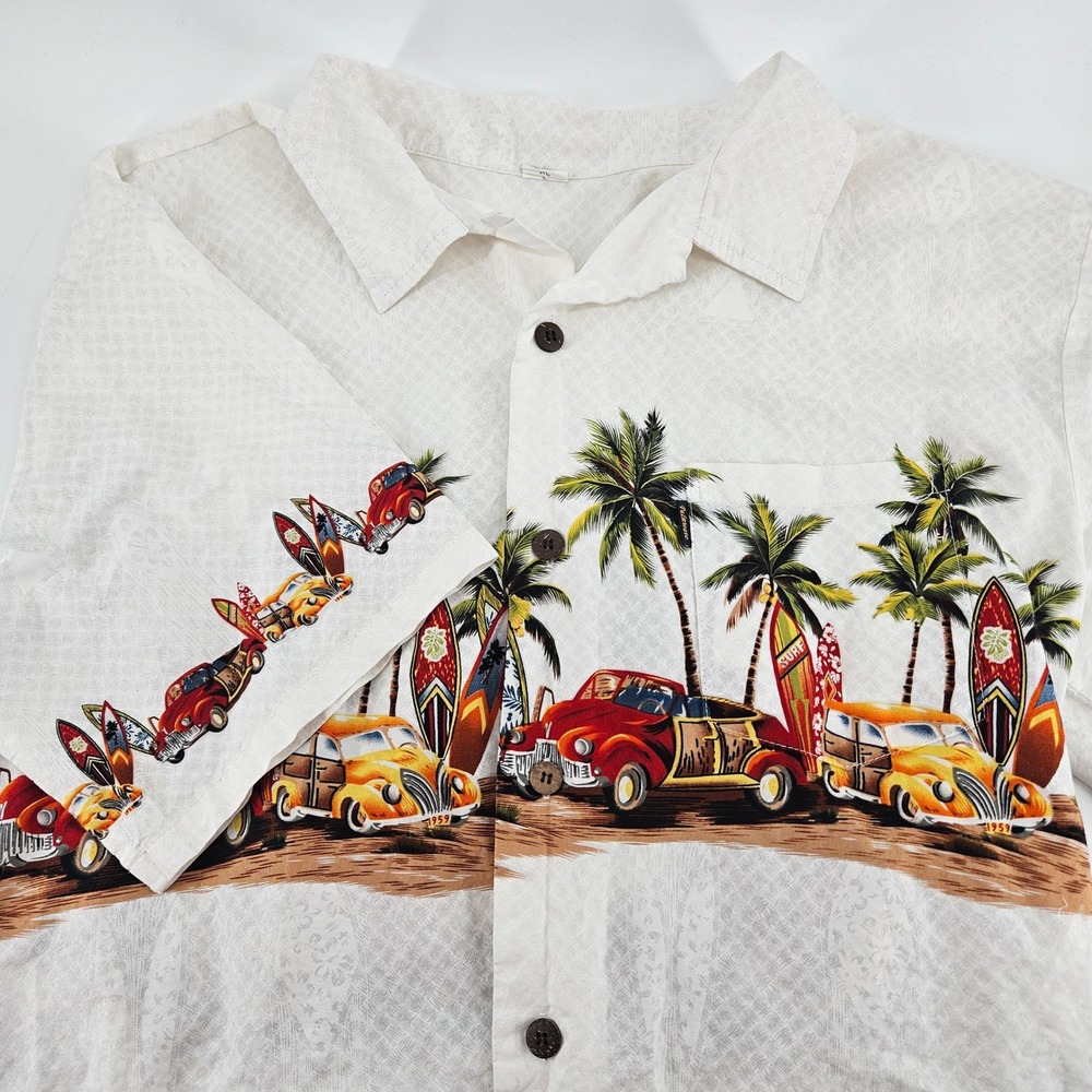 Palmwave Hawaii Mens XL Cotton Aloha Shirt White Woody Car Surfboard Tropical